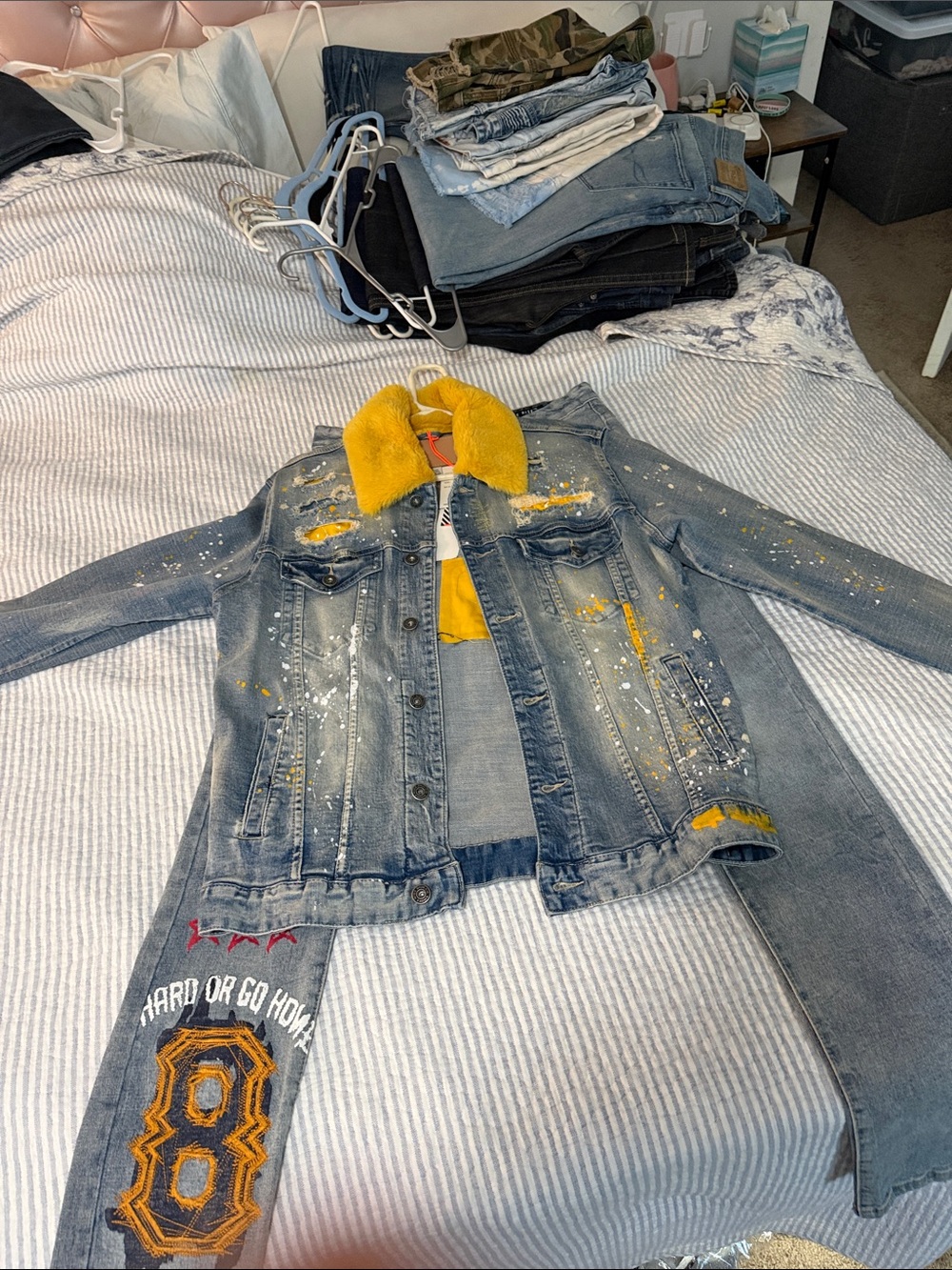 Smoke Rise NY  Blue Denim Jacket with Yellow Fleece Collar